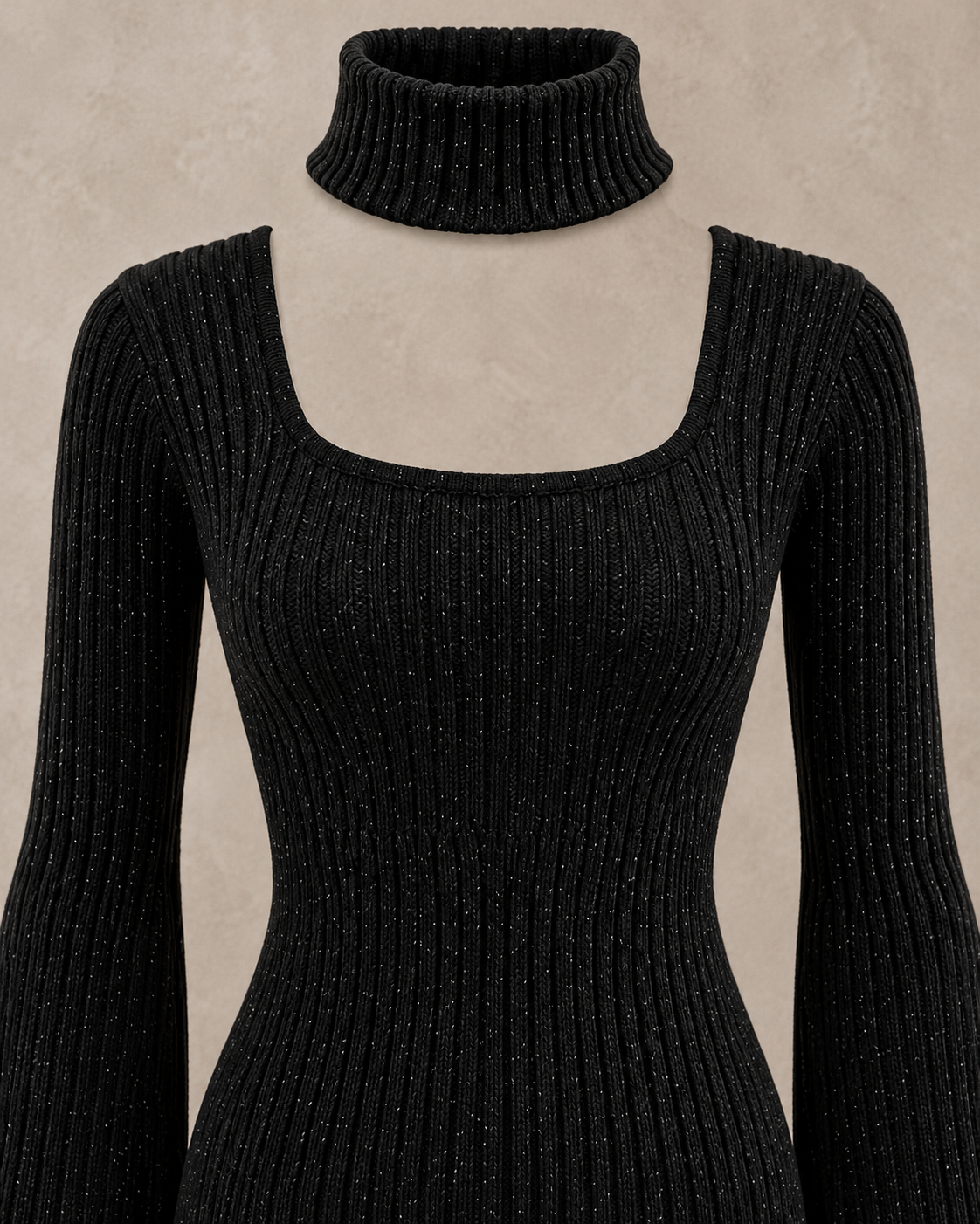Noir Sculpt Knit Dress (Detachable TurtleNeck) – square neck detached collar detail