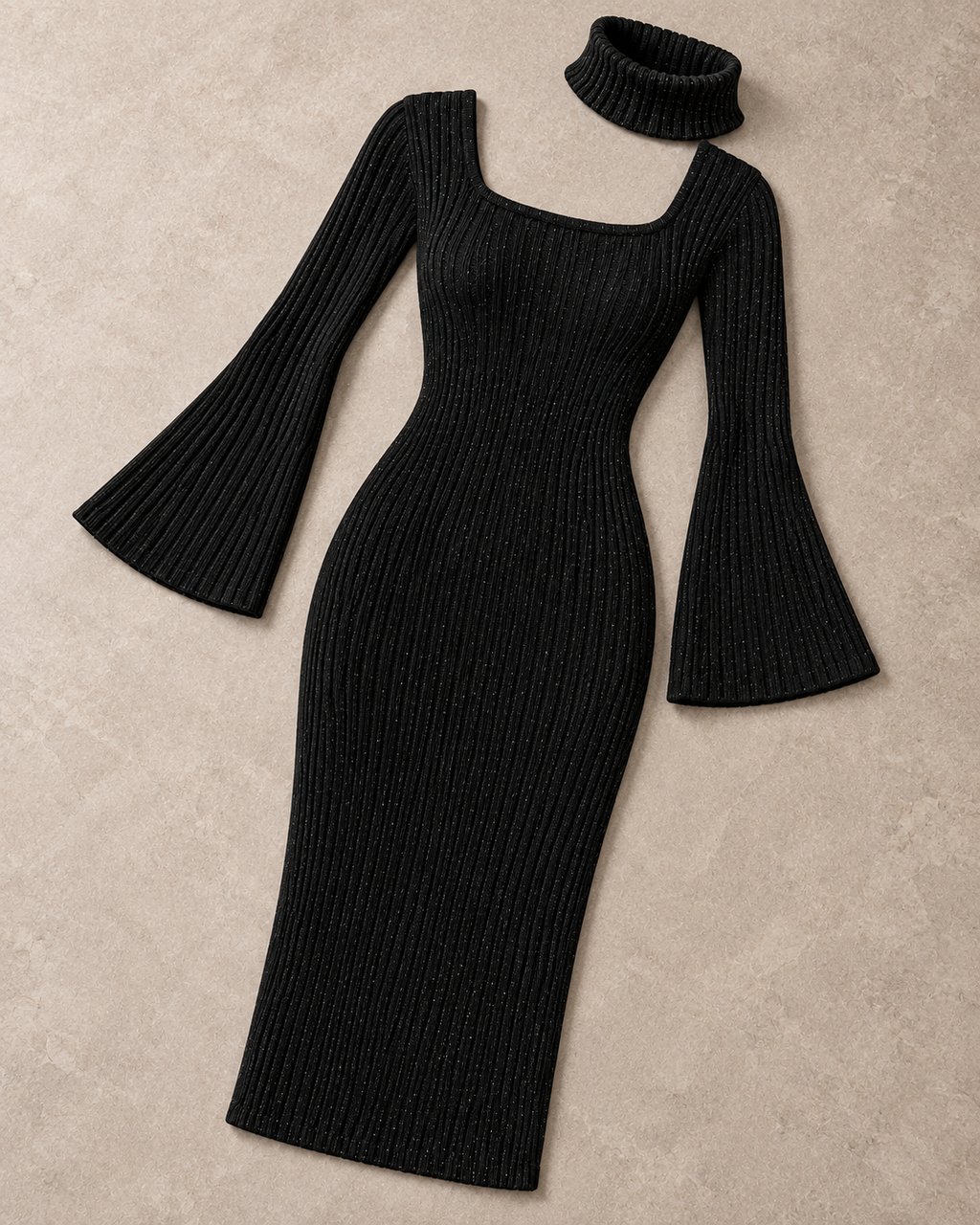 Noir Sculpt Knit Dress (Detachable TurtleNeck) – single colour flatlay