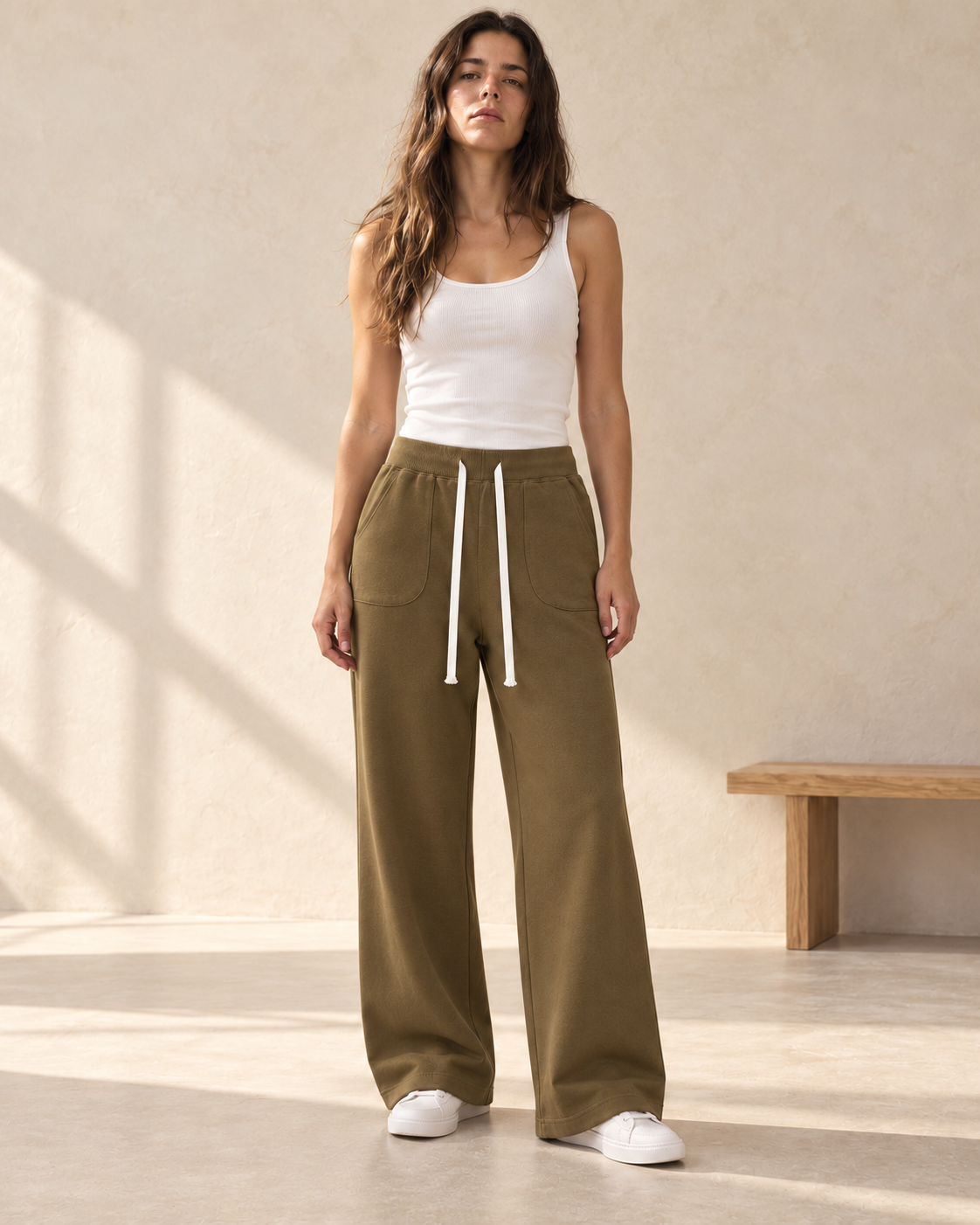 Olive Wide Leg Sweatpants – model hero