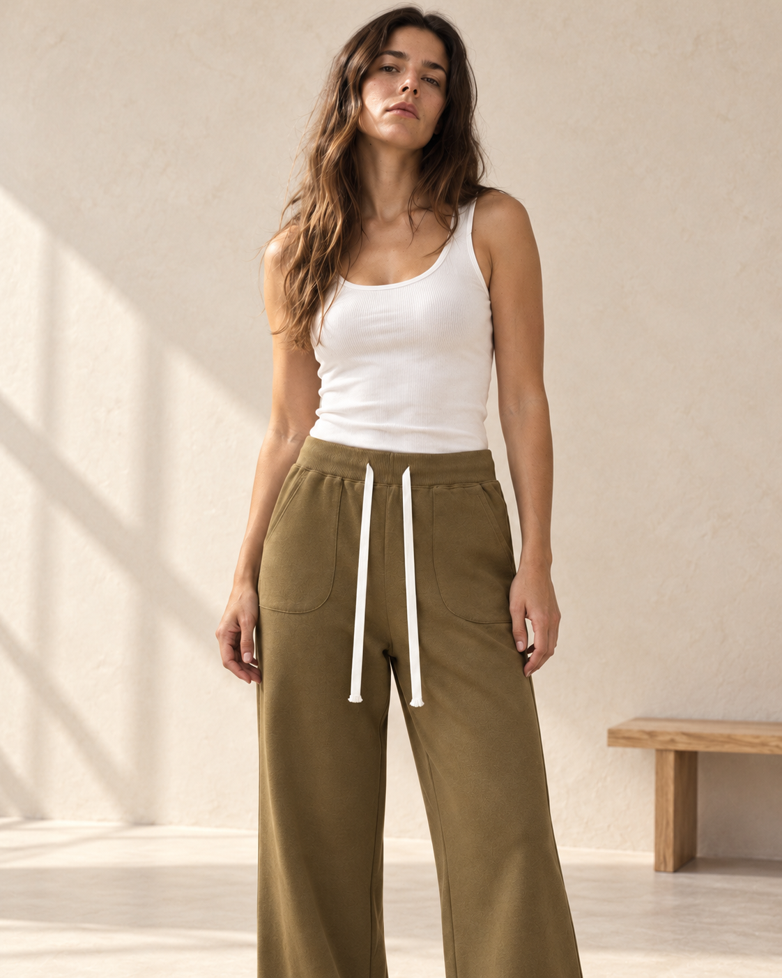 Olive Wide Leg Sweatpants – closer model