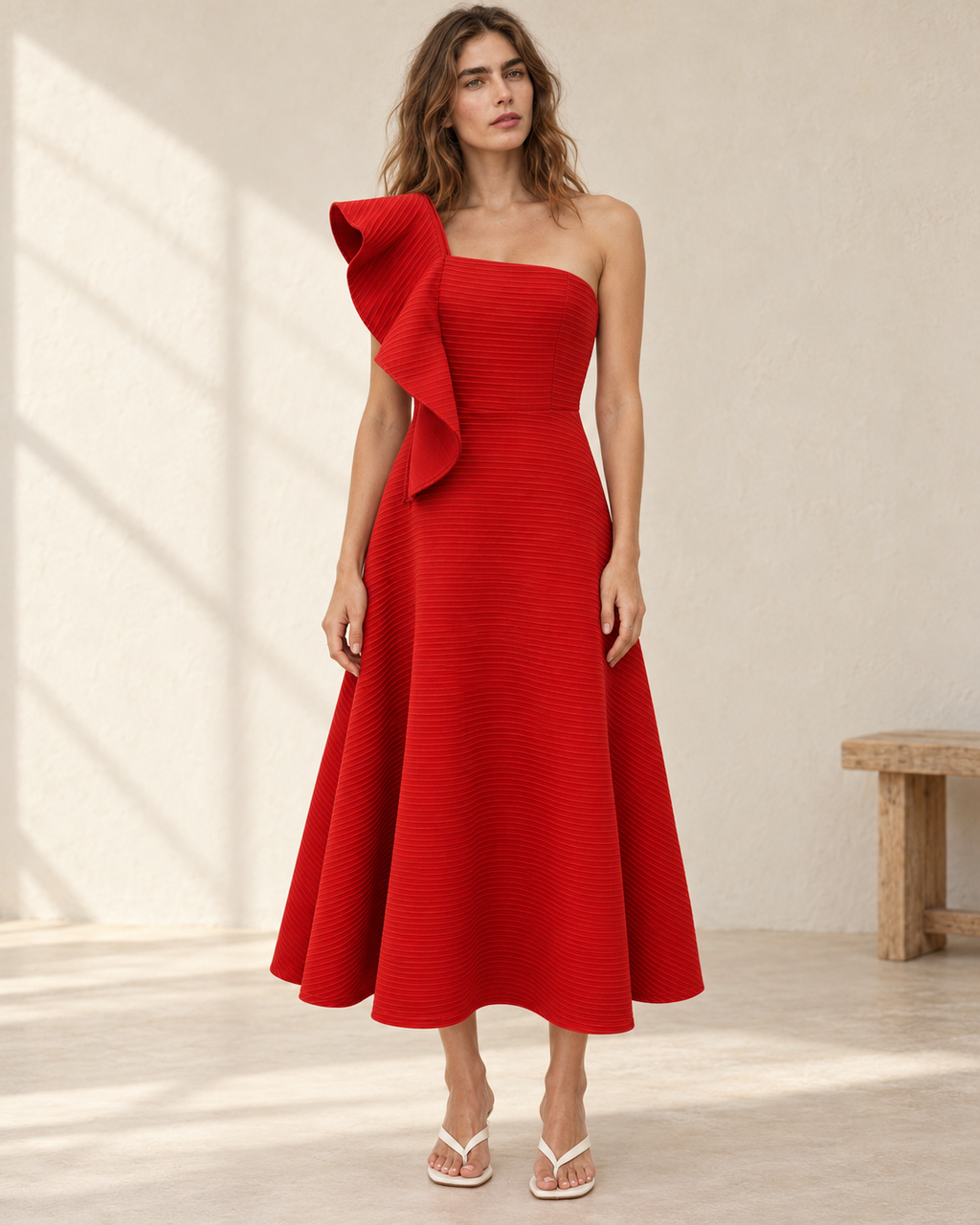 One-Shoulder Ruffle A-Line Dress – model hero