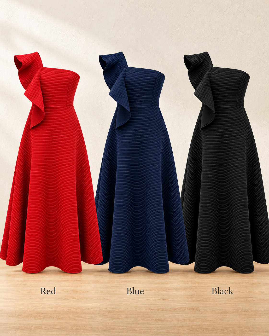 One-Shoulder Ruffle A-Line Dress – colour comparison