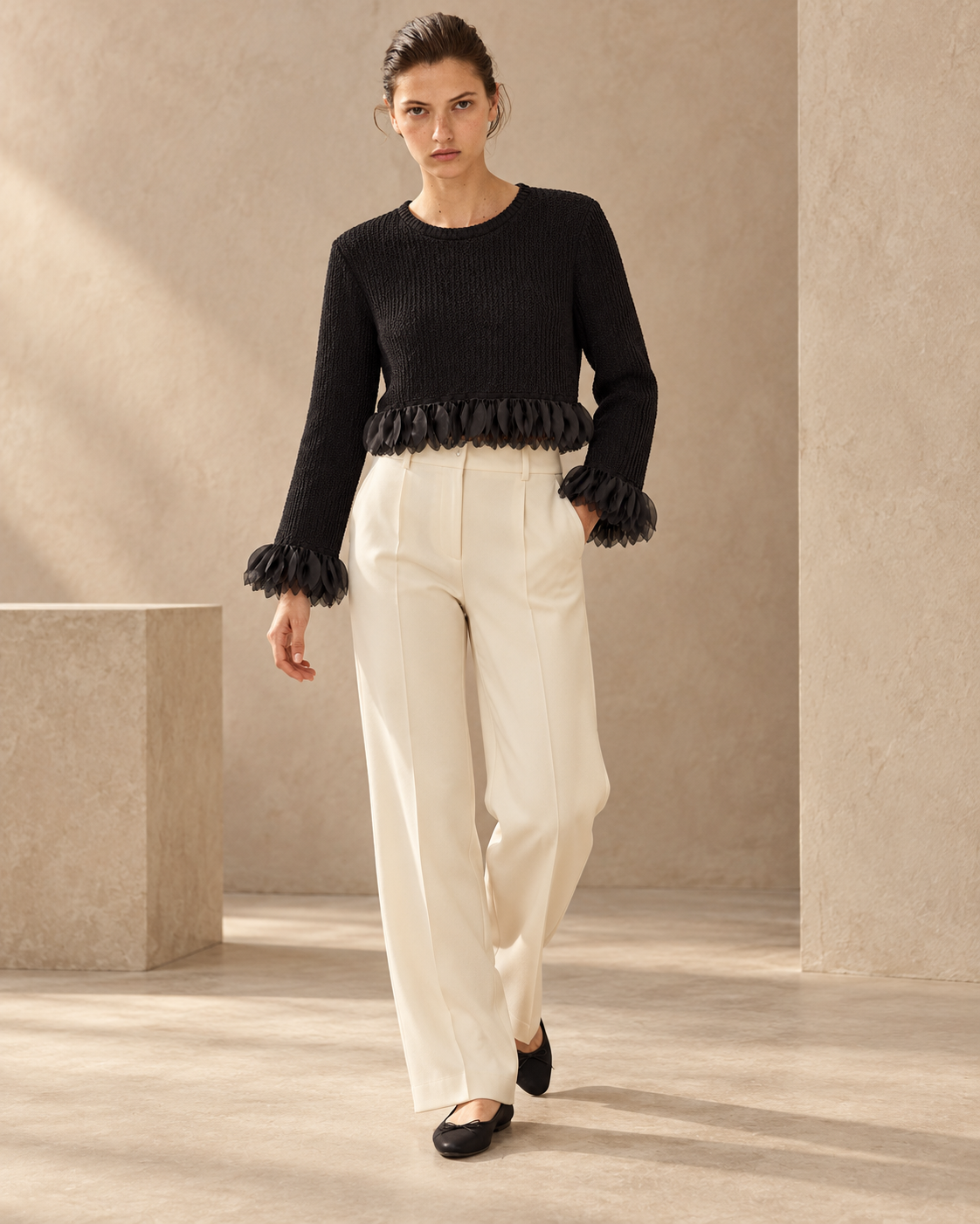 Organza Trim Cropped Knit Top – model hero