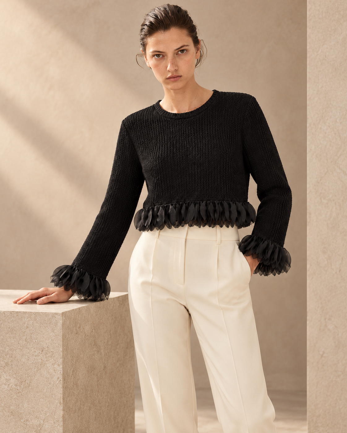 Organza Trim Cropped Knit Top – styled close