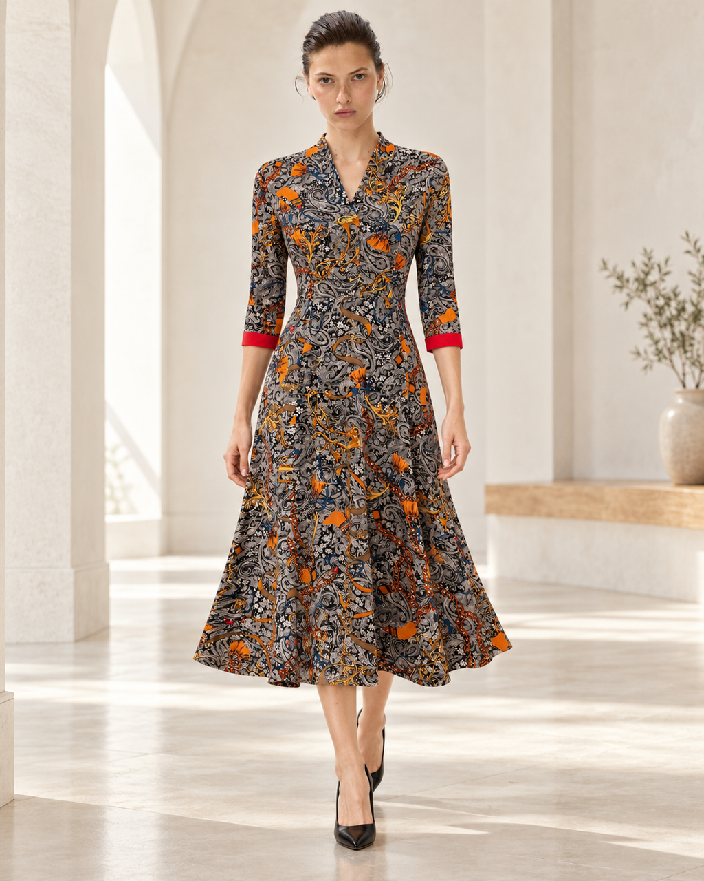 Paisley Wrap Midi Dress – model hero