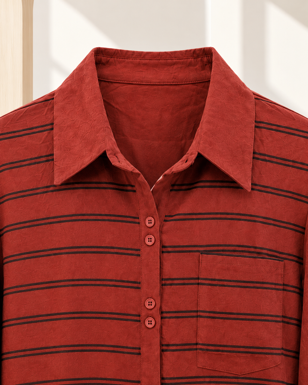 Regular Suede Asymmetrical Striped Shirt – collar button pocket detail