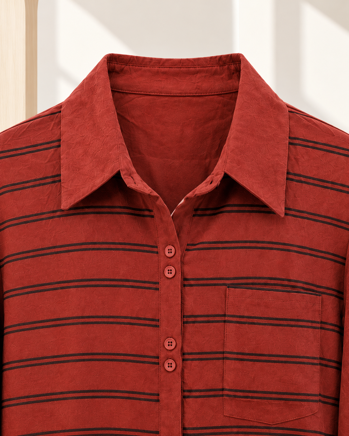 Regular Suede Asymmetrical Striped Shirt – collar button pocket detail