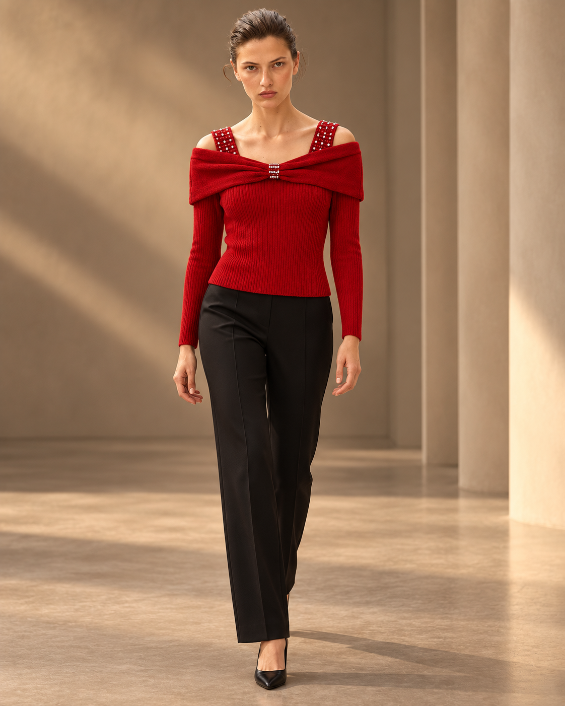 Rhinestone Bow Off-Shoulder Knit Top – model hero