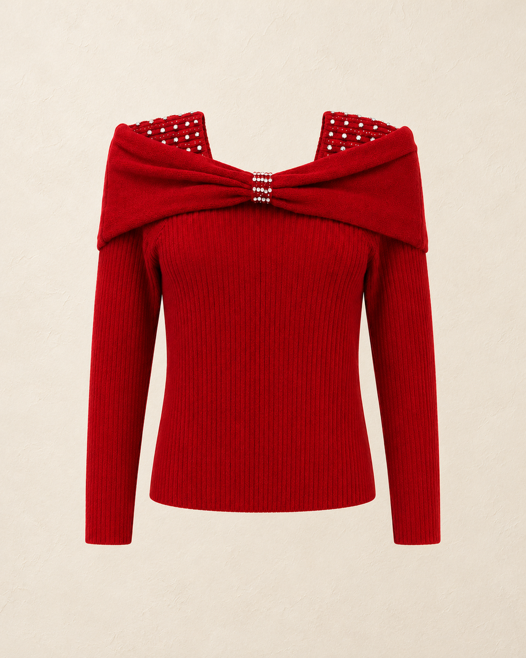 Rhinestone Bow Off-Shoulder Knit Top – product showcase