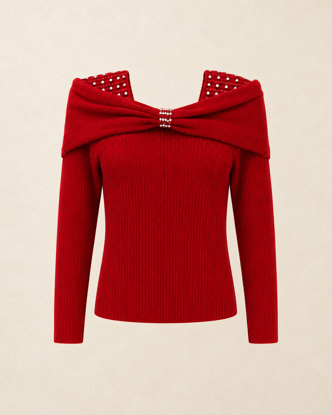 Rhinestone Bow Off-Shoulder Knit Top – product showcase