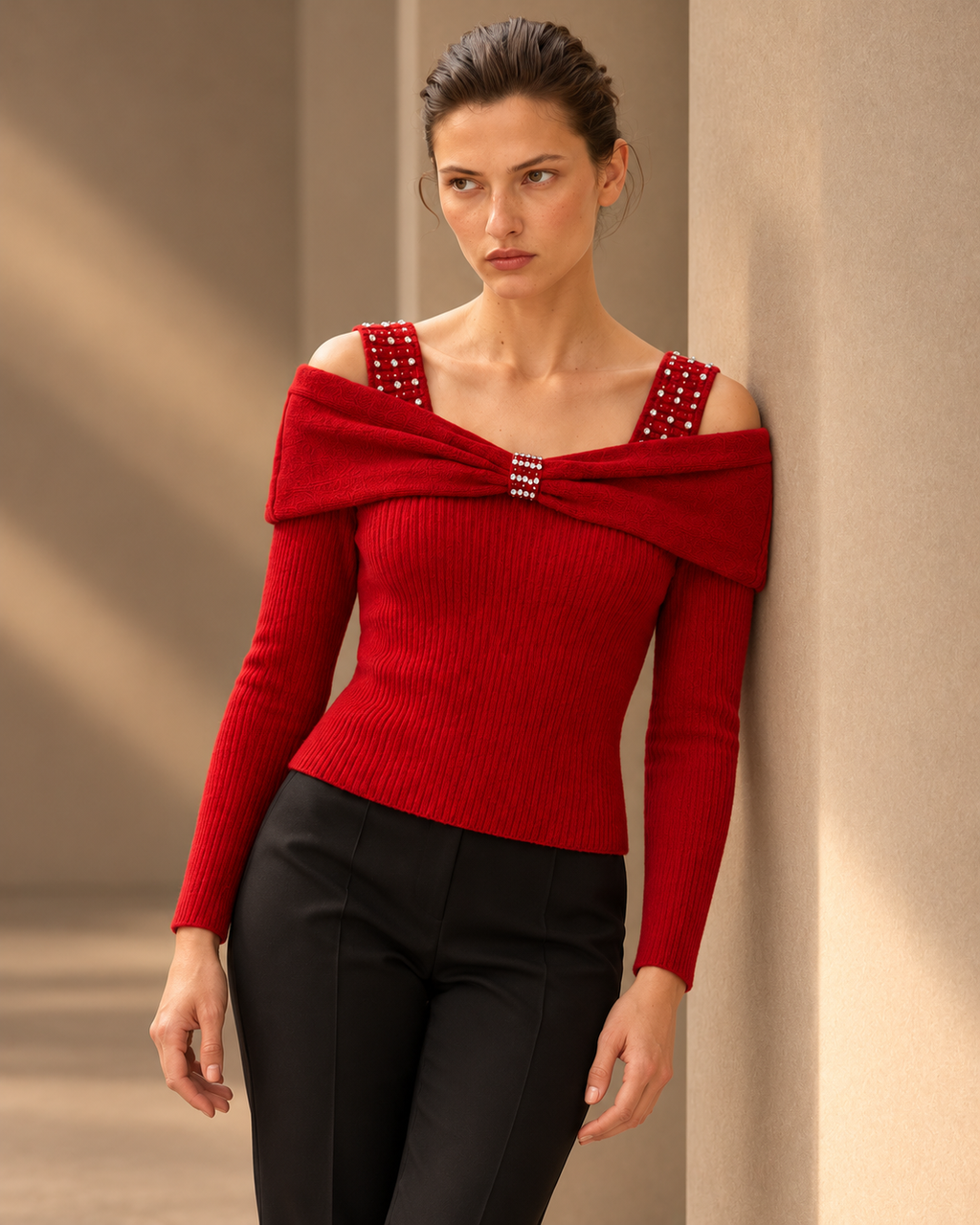 Rhinestone Bow Off-Shoulder Knit Top – closer model