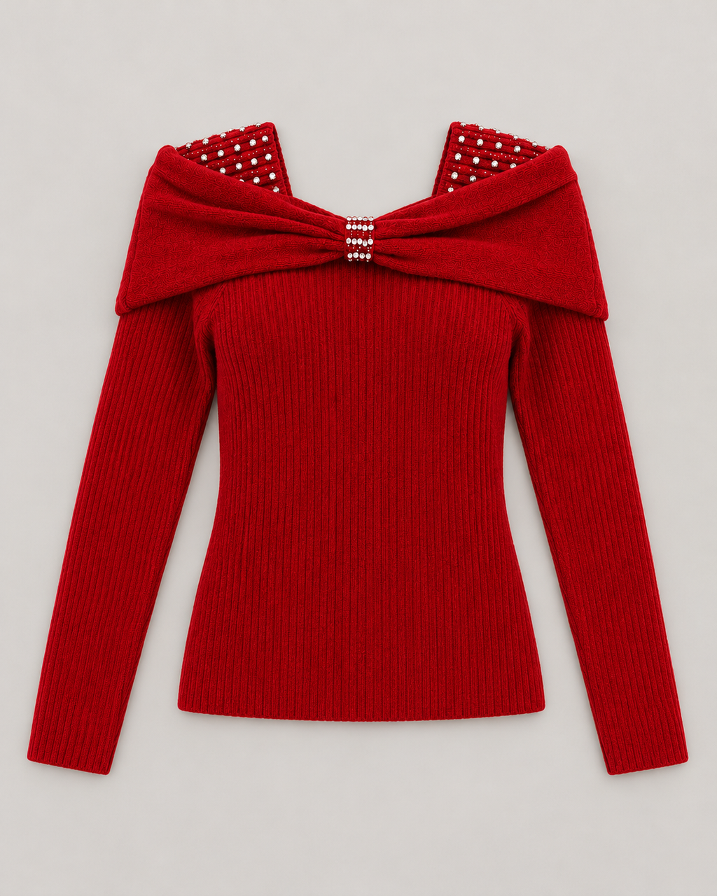 Rhinestone Bow Off-Shoulder Knit Top – front flat composition