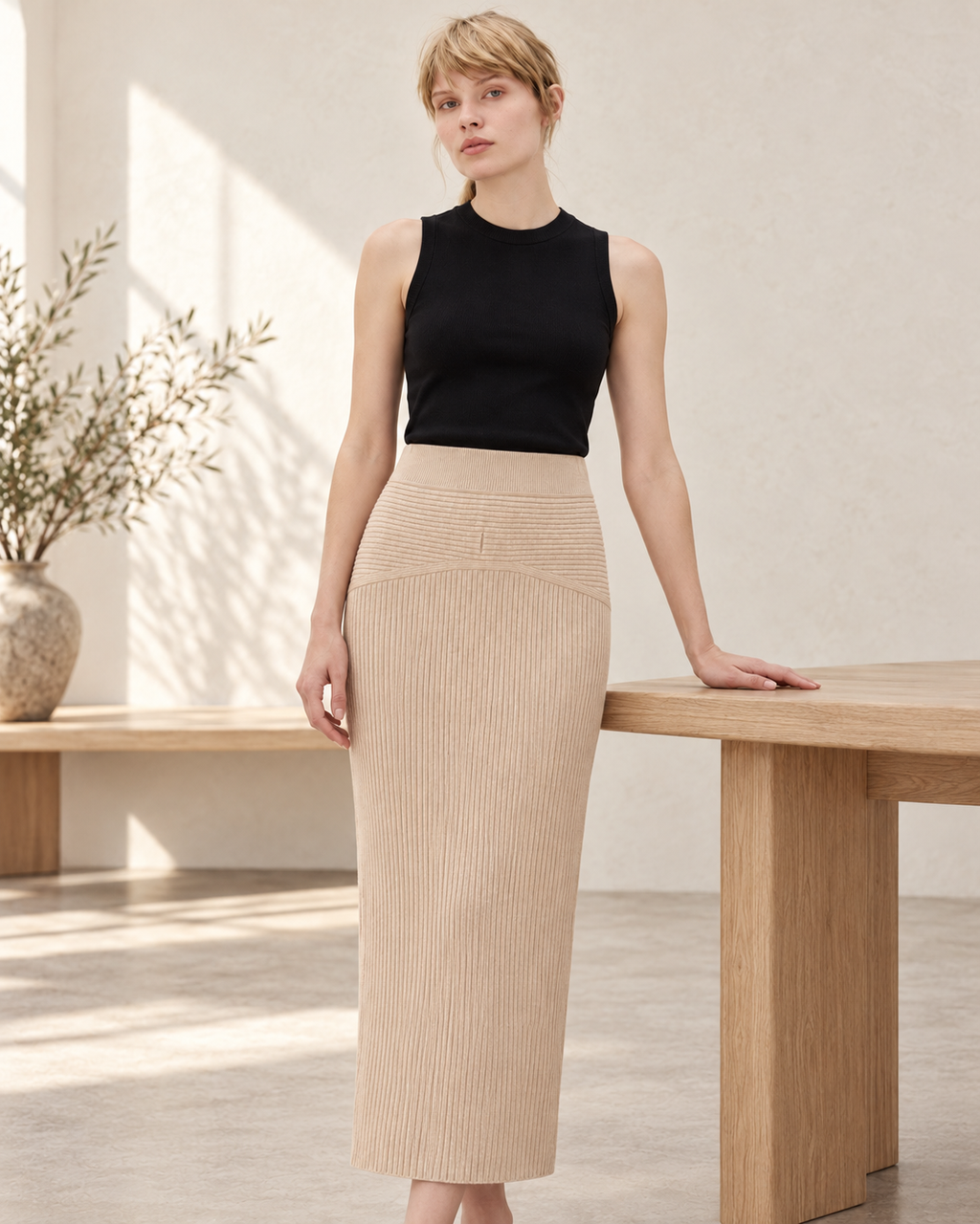 Rib Knit Midi Skirt – model close