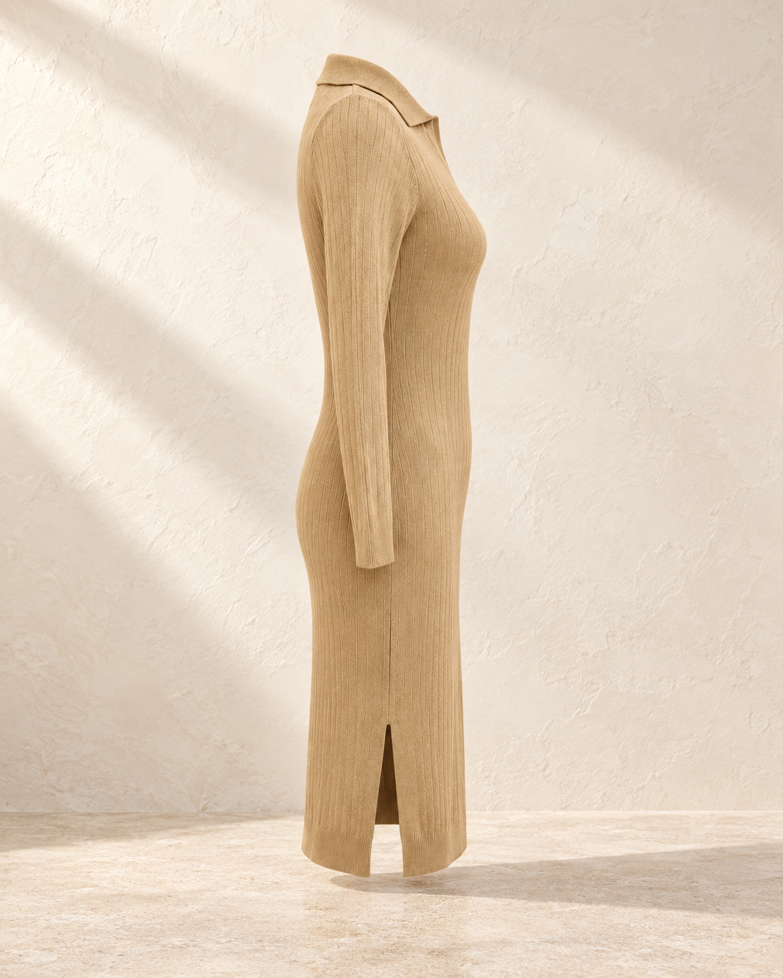 Ribbed Zip-Up Bodycon Dress – side hem view