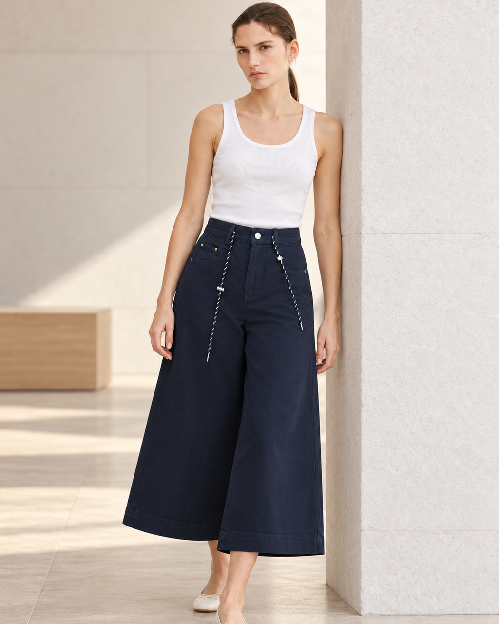 Rope-Detail Wide-Leg Culottes – styled model