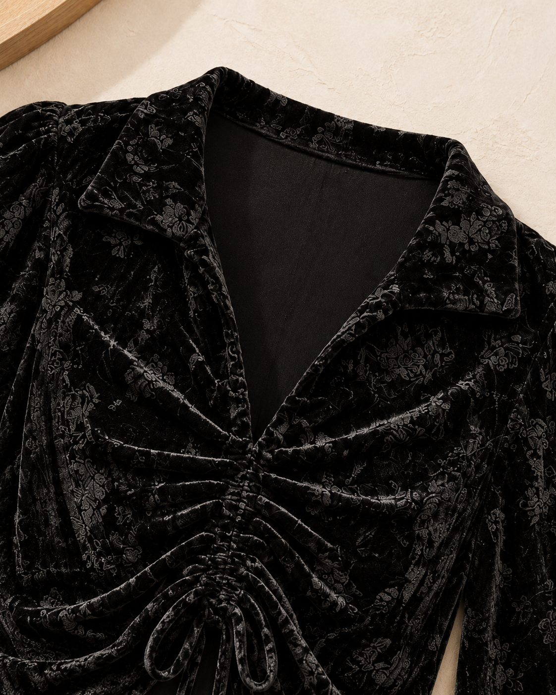 Ruched Velvet Tie Front Top – collar floral detail