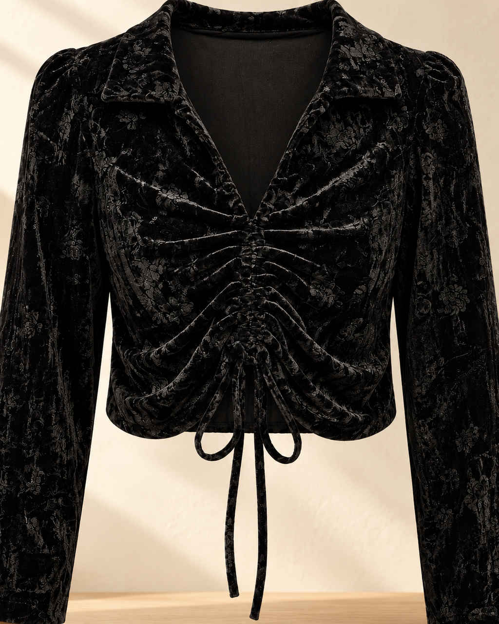 Ruched Velvet Tie Front Top – ruched tie detail