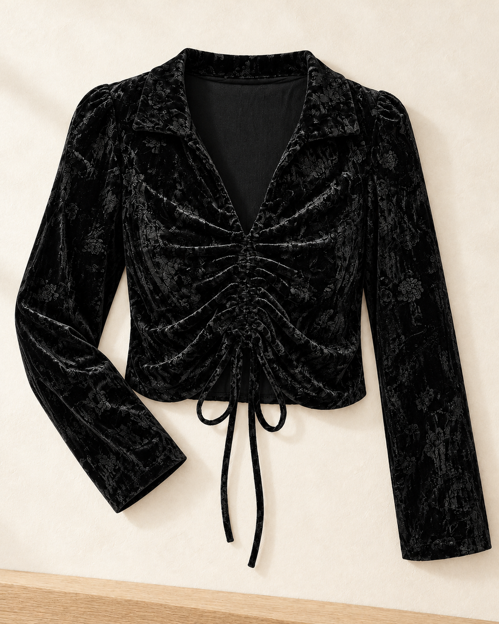Ruched Velvet Tie Front Top – black flatlay