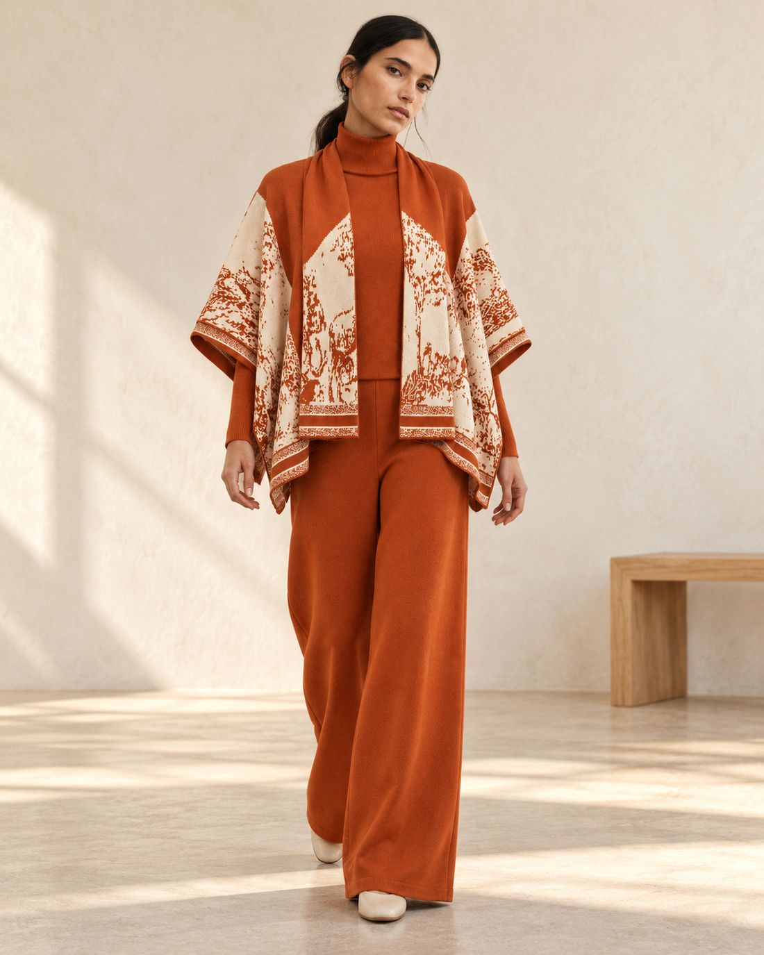 Rust Printed Cape & Pants Set