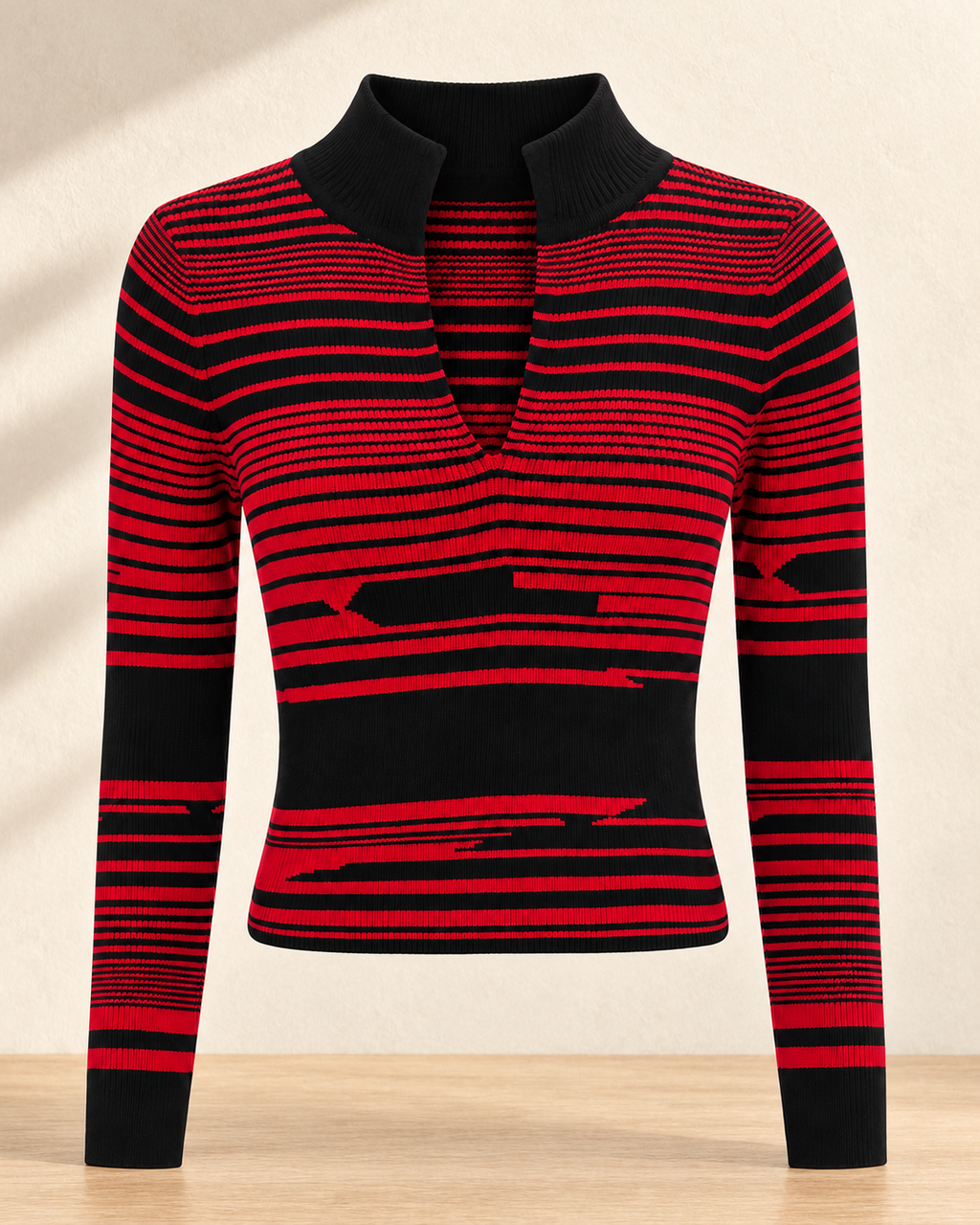 Striped Collared Ribbed Knit Top – product showcase
