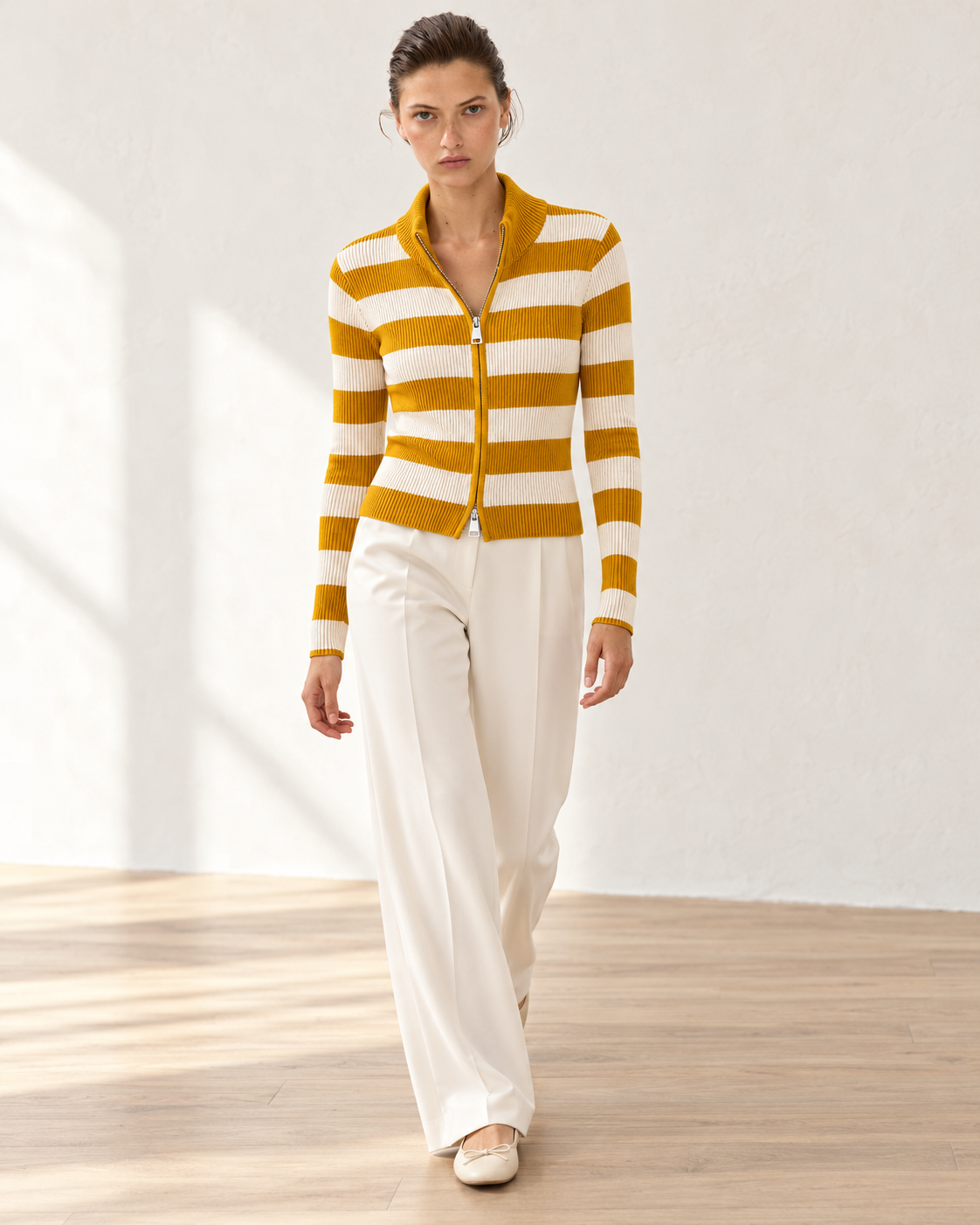 Striped Zip Knit Cardigan – model hero