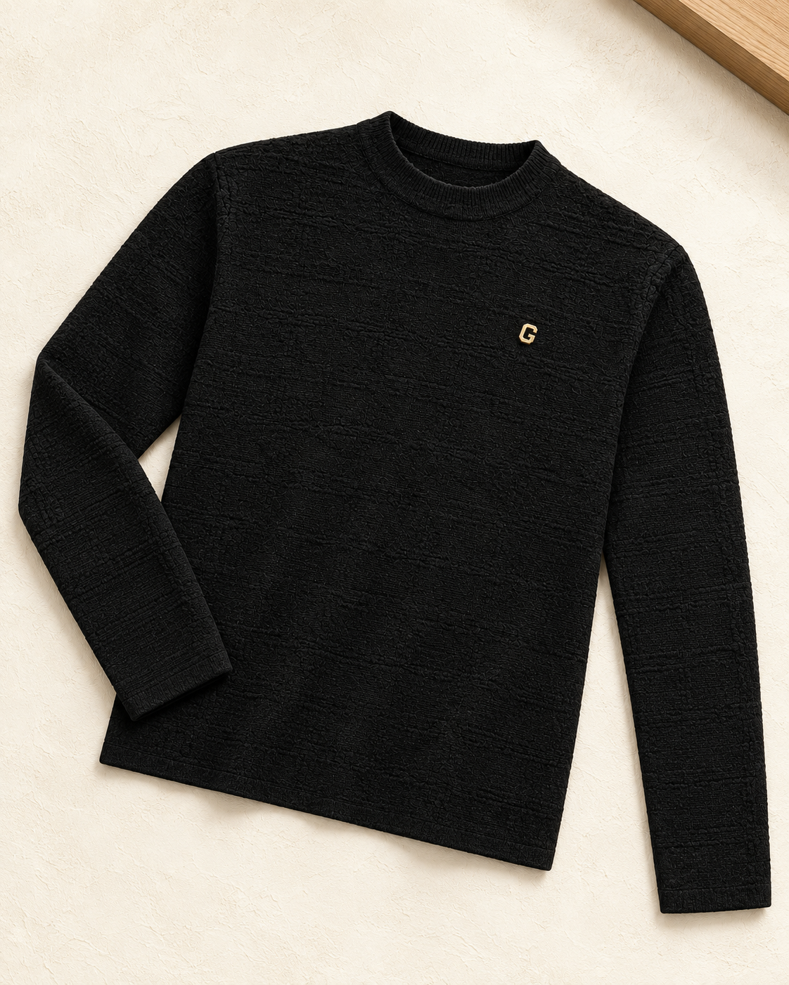 Textured Crew Neck Sweater – black flatlay