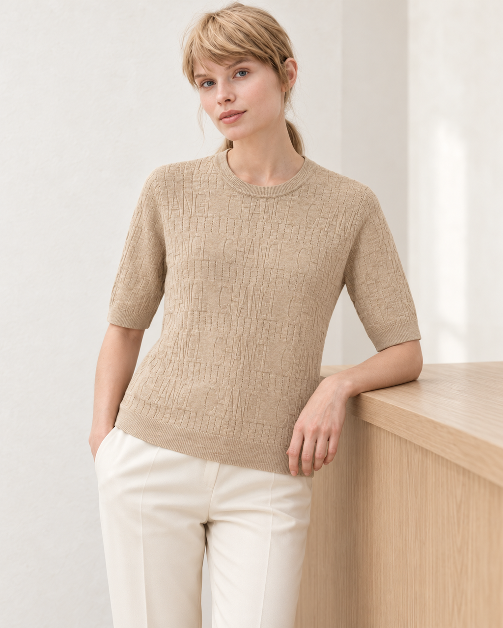 Textured Knit Half Sleeve Top – model close