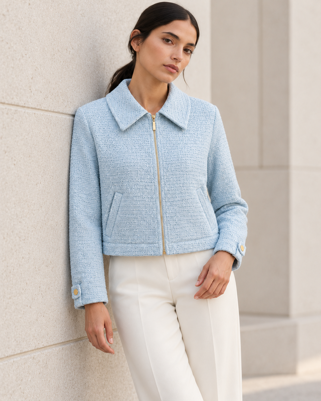 Textured Zip Jacket – closer styled model