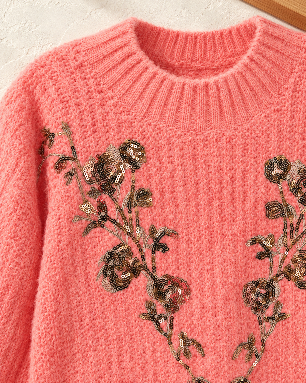 Sequin Floral Knit Sweater – front floral detail