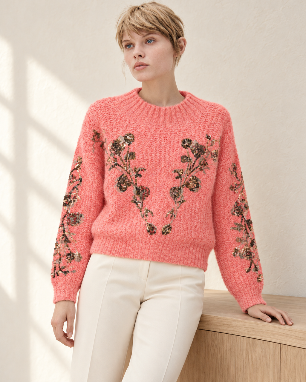 Sequin Floral Knit Sweater – styled model
