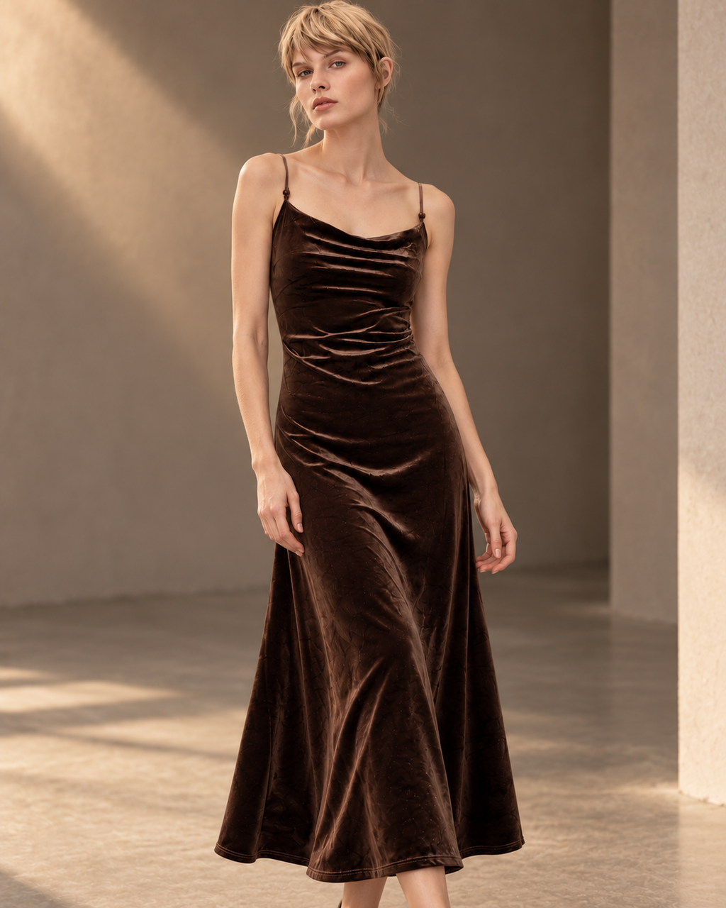 Velvet Evening Dress – styled close coffee